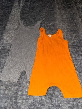 SHEIN Orange & Gray Ribbed Tank Short One-Piece Bodysuits